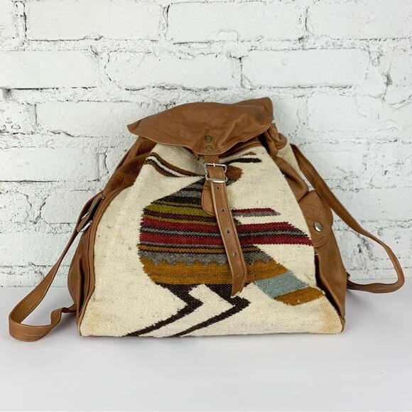 VTG Tapestry Kilim Bird Animal Drawstring Leather Backpack Tapestry Backpack main image 5